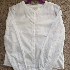 J. Crew White Button Down Shirt with Eyelet lace Embroidered Sleeves NWT